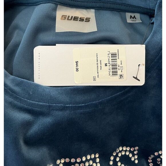 Guess Couture Ladies Medium Teal Velvet Beaded Logo Crop Top NWT MSRP $44 - Picture 3 of 3